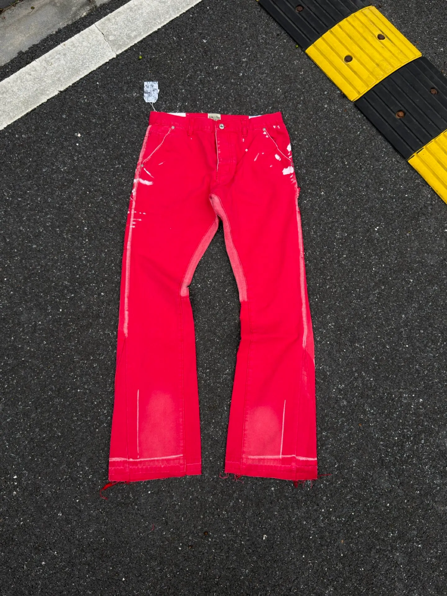 P260💰GA06 GALLERY DEPT. Spliced ​​patches, splashed ink denim flared jeans, washed, distressed, spliced ​​jeans, logging micro-flared jeans, same style for men and women Color: red Code number: 28 30 32 34 36